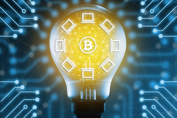 Block chain network concept and bitcoin icons, Light bulb , computer network connect and electric circuit on blue background. Distributed ledger technology. Blockchain concept