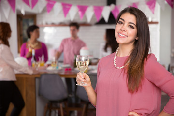 Warm friendly woman bright cheerful happy successful at lunch brunch home gathering celebration group