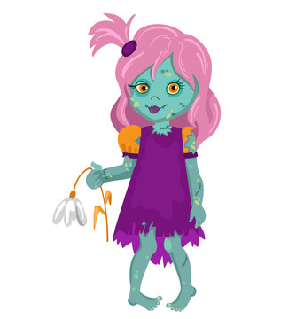 Zombie Girl holding a flower. Cartoon Vector illustration in a single layer without gradients.