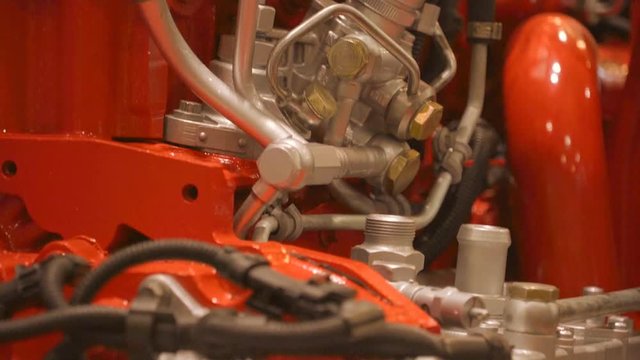 Metal Pipes in a Modern Powerful Engine of the Tractor Truck