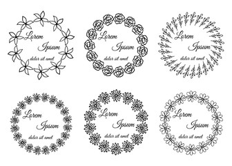 Set of floral round frames with your text. Vector design. Black and white version. Doodle. Hand drawn logos.