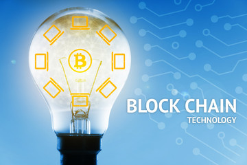 Distributed ledger technology . Block chain network , Light bulb, text and blockchain icons with blue background ,cryptocurrencies or bitcoin concept.