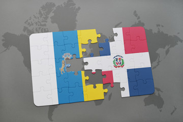 puzzle with the national flag of canary islands and dominican republic on a world map background.