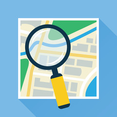 Magnifying glass over navigational map flat icon. Magnifier with handle zooming fragment of a paper map. Colored vector eps10 illustration.