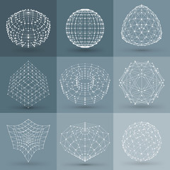 Set of wireframe polygonal elements. Abstract geometric 3D objects with connected lines and dots. Set of vector illustrations on dark grey background