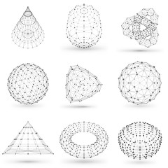 Set of wireframe polygonal elements. Abstract geometric 3D objects with connected lines and dots. Set of vector illustrations on white background with shades