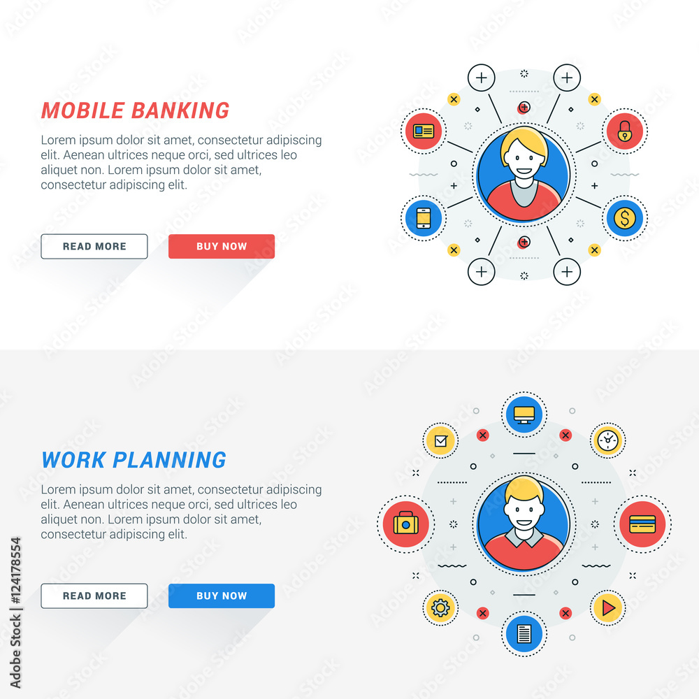 Wall mural set of flat line business website banner templates. vector illustration. modern thin line icons in c