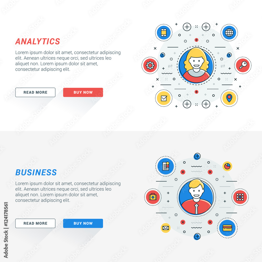Poster set of flat line business website banner templates. vector illustration. modern thin line icons in c