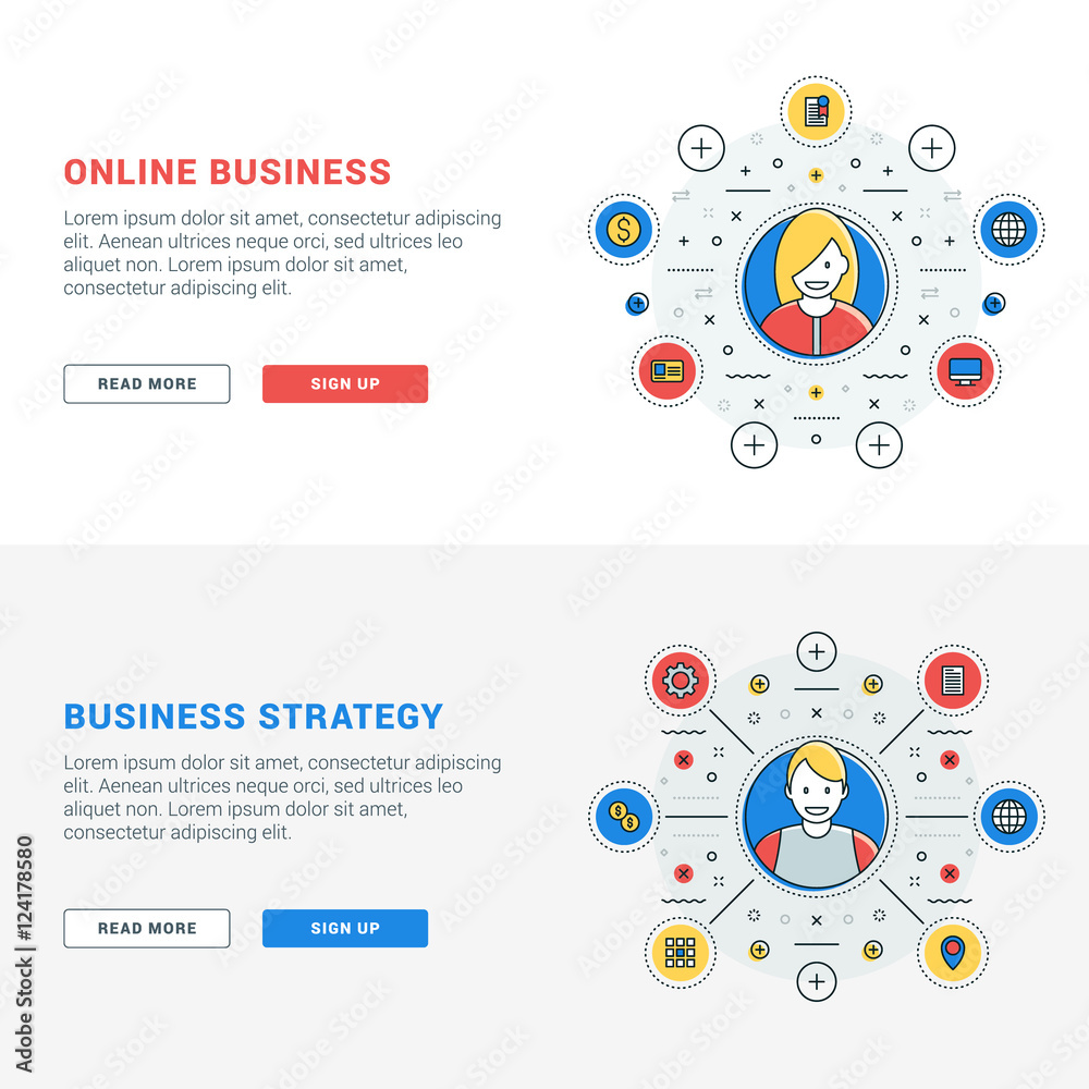 Poster set of flat line business website banner templates. vector illustration. modern thin line icons in c