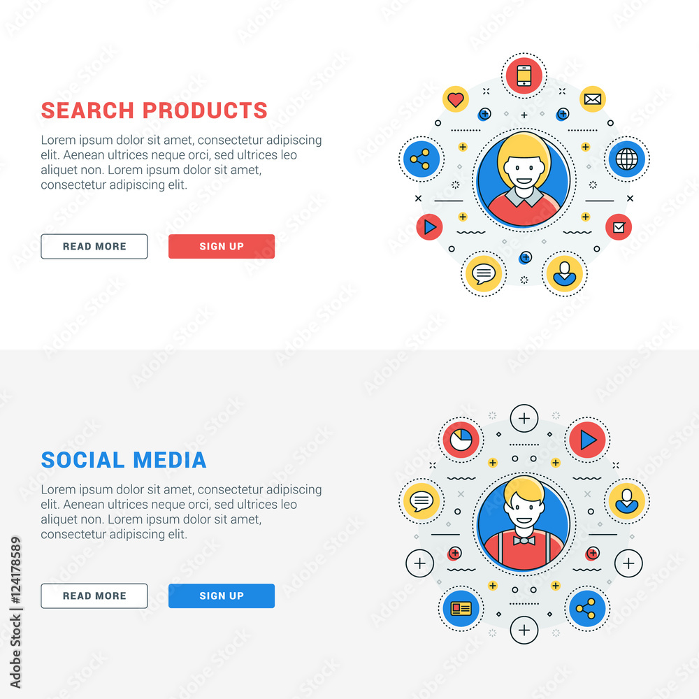 Poster set of flat line business website banner templates. vector illustration. modern thin line icons in c