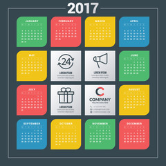 Calendar for 2017 year. Vector design stationery template with business concept icons. Week starts Monday. Flat style color vector illustration