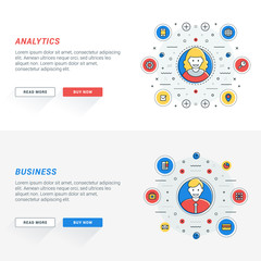 Set of flat line business website banner templates. Vector illustration. Modern thin line icons in circle. Illustration Concepts for Web Banners and Promotional Materials. Analytics. Business