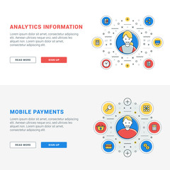 Set of flat line business website banner templates. Vector illustration. Modern thin line icons in circle. Illustration Concepts for Web Banners and Promotional Materials
