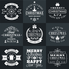 Fototapeta premium Set of Merry Christmas and Happy New Year Decorative Badges for Greetings Cards or Invitations. Vector Illustration in White and Black Colors