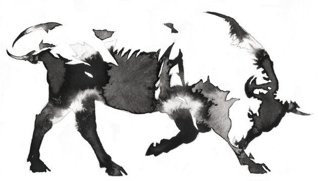black and white monochrome painting with water and ink draw bull illustration