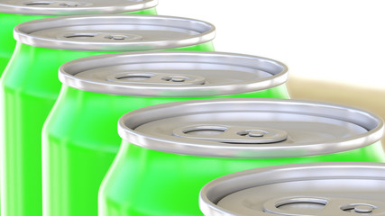 Green aluminum cans moving on conveyor. Soft drinks or beer production line. Recycling packaging. 3D rendering