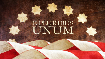 E Pluribus Unum. USA motto. Stars and Stripes. Latin Phrase meaning Out of Many One