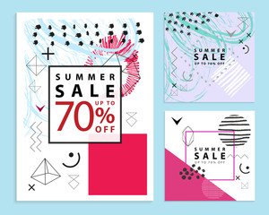 Set of summer and final sale banners. Square. Memphis style. Vector illustration. Simple geometric forms.