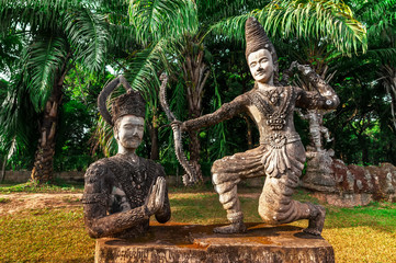 Amazing view of mythology and religious statues at Wat Xieng Khuan Buddha park. Vientiane, Laos