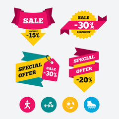 Football ball, Roller skates, Running icons.