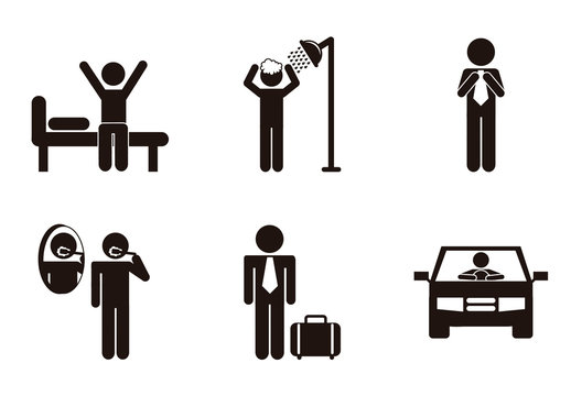 16 Black and White Daily Routine Pictogram Icons