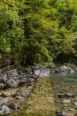 Wanderpfad, Gebirgsbachüberquerung im Tal Valle di Piero; Dolomiten, Sommer