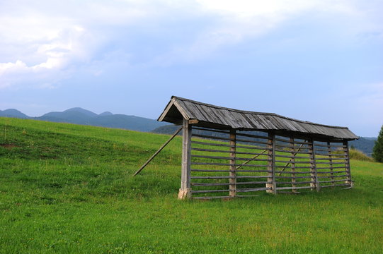 Traditional retro vintage wooden hayrack on the lush green Alpine meadow, Slovenia, Europe