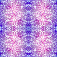 Bright seamless colorful ethnic christmas pattern. Collage with hand drawn branches,  leaves, flowers. Batik style background, backdrop. Boho style. Imitation of the frost painting image on the window