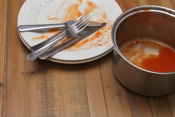 Dirty dinner plates and saucepan ready to be washed up