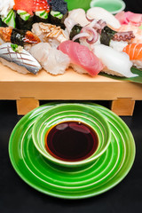 Premium quality sushi rolls served in Japanese restaurant. Asian food background