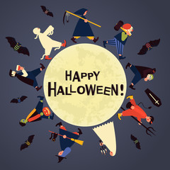 Kids in halloween costumes celebrating. - 124185775