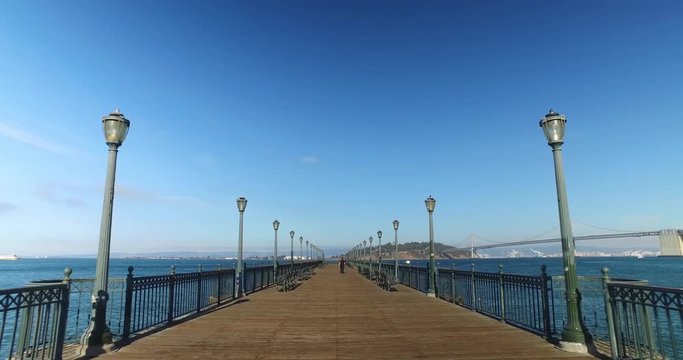 SAN FRANCISCO - Circa October, 2016 - A daytime walking POV on Pier 7 on the San Francisco Bay.  	