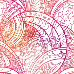 Hand drawn floral pattern. Repeating texture boho style. Colorful vector seamless background with linear botanical abstract illustration.