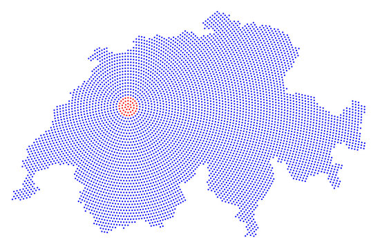 Switzerland map radial dot pattern. Blue dots going from the red dotted capital Bern outwards and form the country silhouette. Illustration on white background.