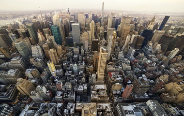 Aerial view of Manhattan up town in warm light of sunset