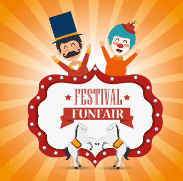 poster festival funfair clown and horses fun vector illustration eps 10