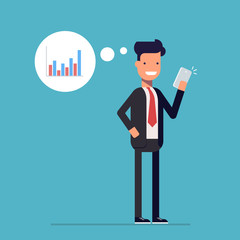 Businessman with a phone in his hand. Content Manager looks at the reports via the Internet. income chart. Man watching the growth of the business. The message on the phone. A man in a business suit.