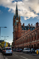 Exterior shot of St Pancras international train and underground station with black cab taxis in London, England, UK