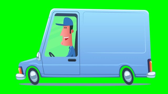 Cartoon smiling man driving a service van against the background of city. Looped 2D animation. Video contains main composition, enlarged truck on transparent background and moving city background.