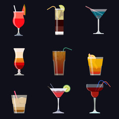 Set of alcoholic cocktails isolated on black background. Cocktail set. Vector 