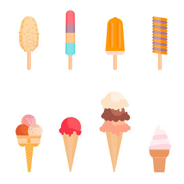 Set of ice creams and popsicles icons. Collection cartoon ice cream food. Vector art illustration isolated on white