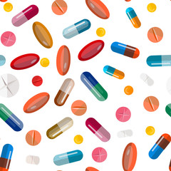 Collection of pills and capsules. Seamless colorful medication. Vector 
