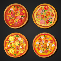Flat hot pizza icons. Pizza isolated on white, pepperoni pizza. Vector 