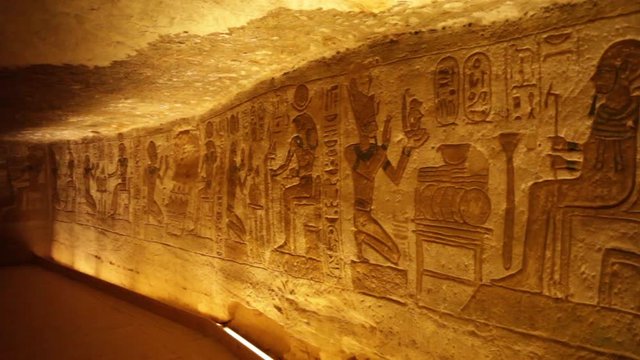 Egyptian hieroglyphs, wide pan inside 'The Great Temple' of Ramesses II, located in Abu Simbel, Egypt.