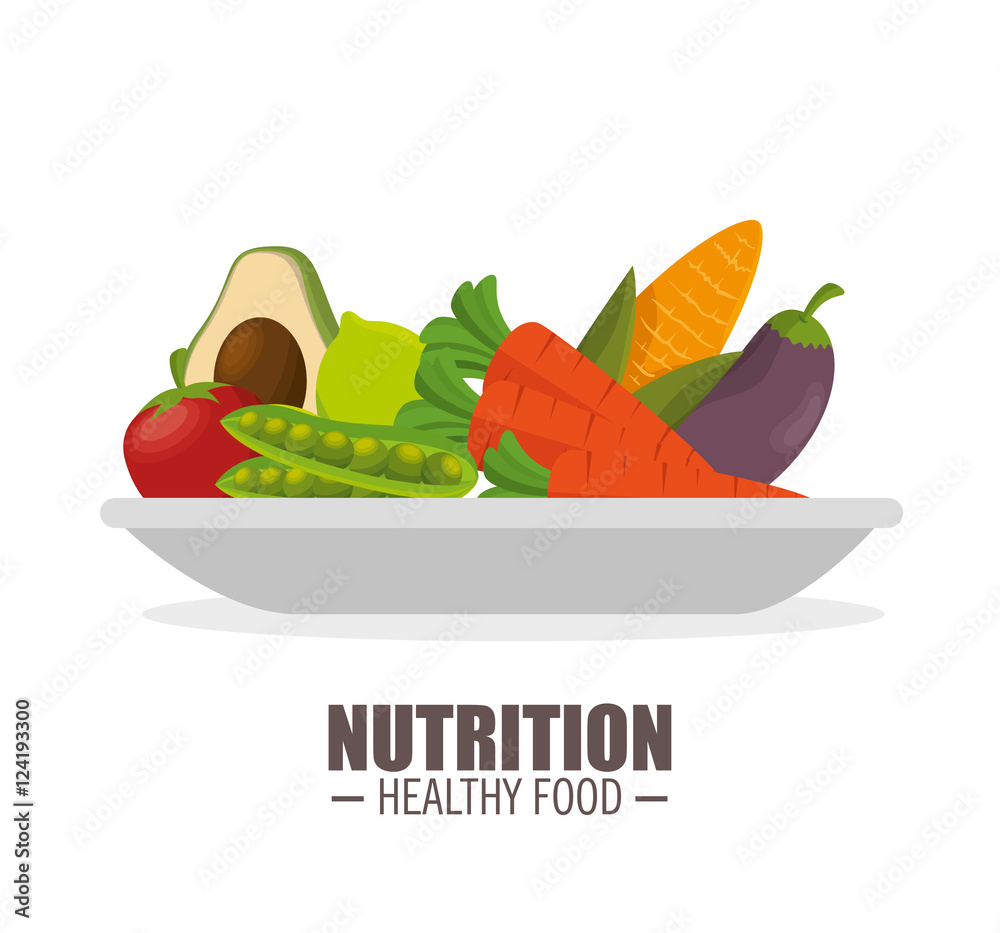 Sticker nutrition healthy food jflatcy and tasty vegetables over plate vector illustration eps 10