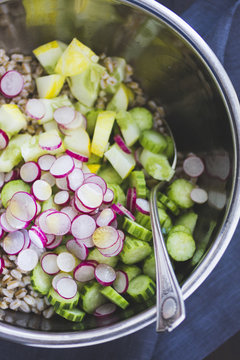 Farro salad with cucumber, radish and dill