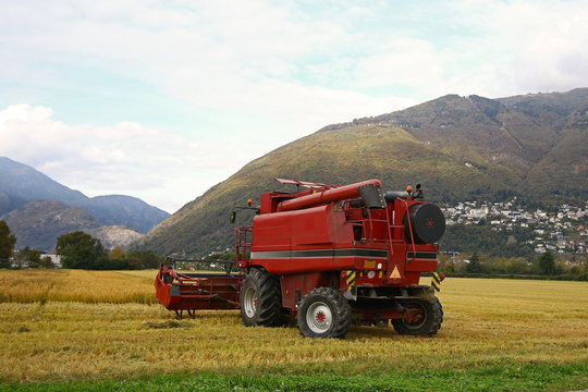 Combine harvester at work in a wheat field