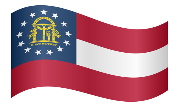 Flag of Georgia state waving on white background