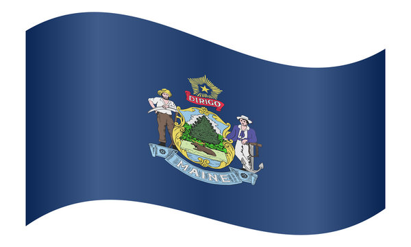 Flag of Maine waving on white background