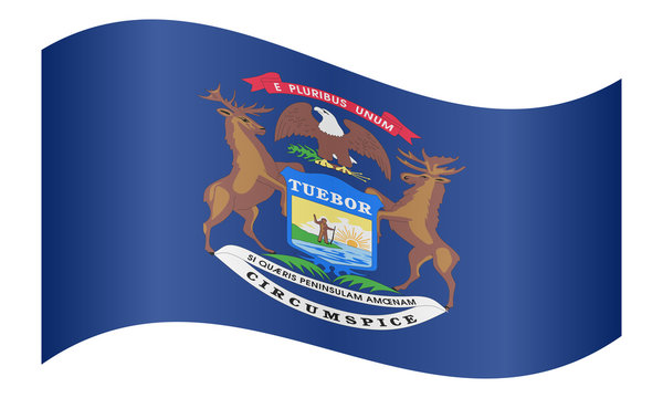 Flag of Michigan waving on white background